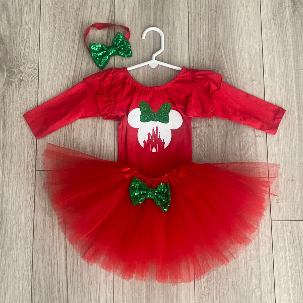 Disney Christmas long sleeve Minnie Mouse red onesie with tulle skirt